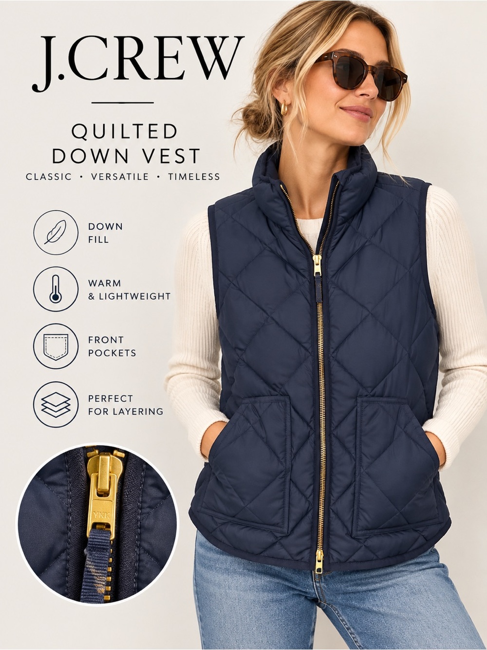J. Crew Navy Quilted Down Puffer Vest Gold Zip Women’s Small S